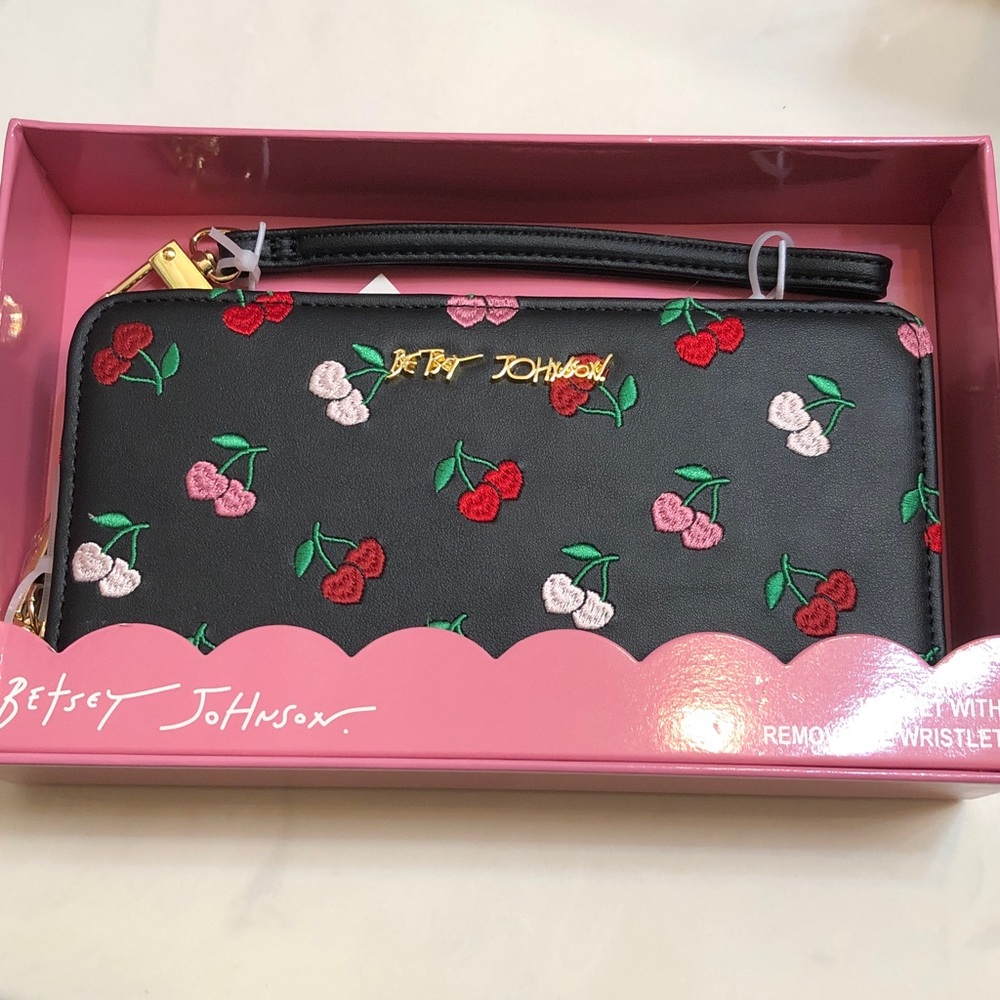 Betsey Johnson Black Multi Faux Leather ZA Wallet Embroidered Cherry Print NWT